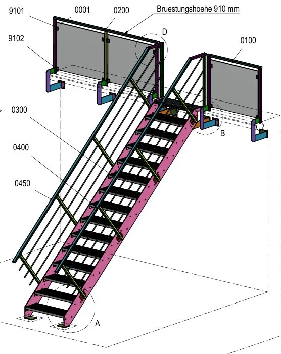 3D-Konstruktionszeichnung einer Außentreppe aus Stahl in Inventor